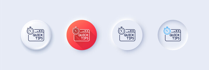 Poster - Quick tips line icon. Neumorphic, Red gradient, 3d pin buttons. Helpful tricks sign. Tutorials with timer symbol. Line icons. Neumorphic buttons with outline signs. Vector