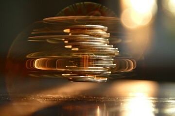 Canvas Print - Stack of coins spinning very fast with a golden light in the background