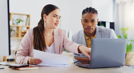 Aufkleber - Laptop, diversity and business people collaboration, communication or teamwork on work flow analysis. Notebook planner, discussion talk and black man, woman or team cooperation on research statistics