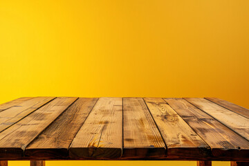 Poster - Empty wood table top on yellow background for product display presentation with space for text or decoration, e-commerce concept. Wide angle lens shows a realistic daylight scene.