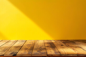 Poster - Empty wood table top on yellow background for product display presentation with space for text or decoration, e-commerce concept. Wide angle lens shows a realistic daylight scene.