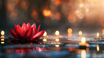 Canvas Print - Red Lotus Flower Floating on Water with Candles