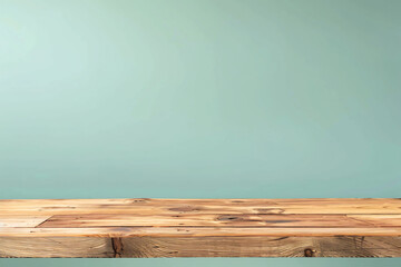 Poster - Empty light brown wood table top on pastel green background for product display montage, space photography