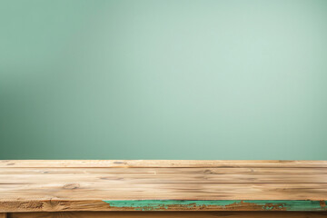 Poster - Empty light brown wood table top on pastel green background for product display montage, space photography