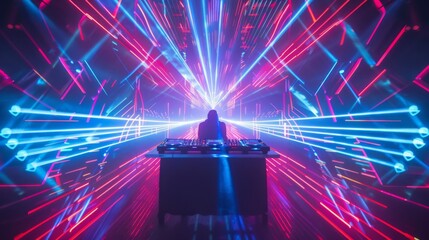 Leinwandbilder - A DJ performs in front of a dynamic laser light show, creating a vibrant atmosphere.