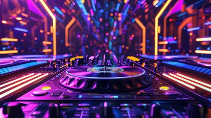 Poster - A close-up view of a DJ mixer with neon lights in the background.