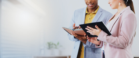 Aufkleber - Tablet, notebook and business people in discussion in the office doing research for a project. Collaboration, teamwork and corporate team working on a report together with mobile device in workplace.