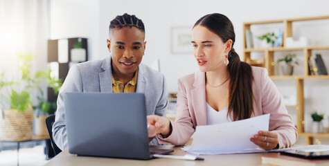 Aufkleber - Laptop, documents and business people in discussion on a project together in the modern office. Teamwork, technology and professional corporate team working on report with paperwork in collaboration.