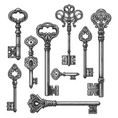 Wall Mural - Set collection of ornate keys, showcasing intricate designs and vintage craftsmanship sketch engraving generative ai vector illustration. Scratch board imitation. Black and white image.