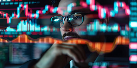 Poster - Trader using crypto exchange platform to analyze stock market data online. Concept Cryptocurrency Trading, Stock Market Analysis, Online Platforms, Financial Trends, Trader Strategies