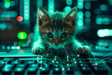 Poster - a kitten is perched on top of a computer keyboard, looking curious and playful, creating a visual me