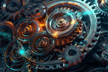 Poster - Detailed view of gears inside a clock, showing intricate mechanical movement, Creating a visual representation of motion and energy transfer in machines