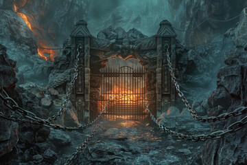 Canvas Print - A dark, ominous scene with a gate chained shut