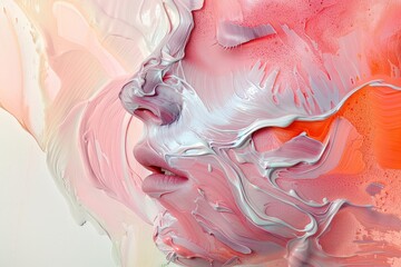 Poster - Detailed view of a womans face covered in pink and white paint, showcasing abstract interpretations, Creating abstract interpretations of the hair removal process