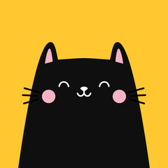 Wall Mural - Black cat kitten kitty face head icon. Pink ears, cheeks. Cute cartoon funny baby character. Funny kawaii doodle animal. Pet collection. Childish style. Flat design. Yellow background. Isolated Vector