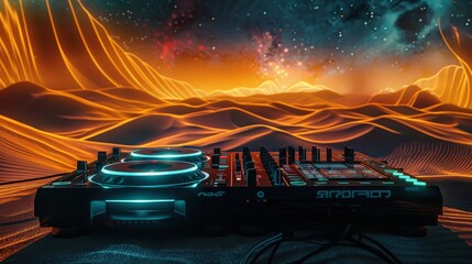 Poster - A black DJ mixer sits on a glowing orange desert landscape under a starry sky.