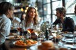 © DKPhoto - A friendly group of young adults is seen enjoying a meal together at a restaurant, engaging in lively conversation while sipping wine, symbolizing camaraderie and social celebration.