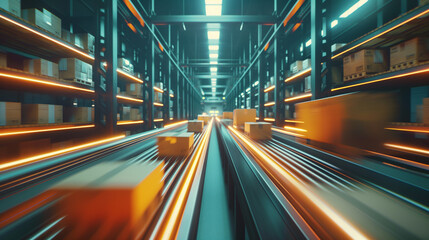 Wall Mural - Boxes moving on a conveyor belt in a large warehouse.