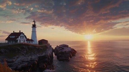 Poster - Lighthouse at Sunset on a Rocky Coast