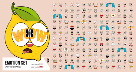 Wall Mural - Set of retro cartoon comic faces with different emotional expressions. Cartoon funny faces. Caricature emotions. Expressive emotion, eyes, smiling, crying and surprised character face expressions.