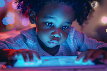 Poster - Young black child using smart tablet. Happy african american boy gaming on iPad. Toddler using AI technology on tech device. Blue light from computer screen