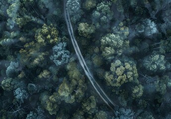 Wall Mural - Aerial View of Winding Road Through Misty Forest