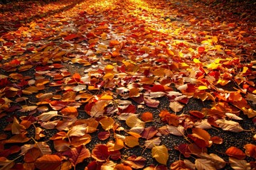 Wall Mural - A road covered in lots of leaves runs next to a forest, creating a colorful autumn scene, Crisp, rustling leaves carpeting a pathway