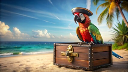 Pirate parrot sitting on a treasure chest , pirate, parrot, treasure, chest, bird, pirate ship, feathers, colorful, exotic