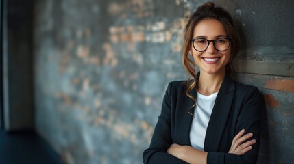 Sticker - Smiling young woman in glasses and business attire standing against a textured wall with crossed arms.