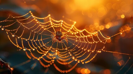 Hyper-detailed macro photograph of a dewdrop-covered spider web at dawn, golden sunlight refracting through each droplet, intricate silk patterns visible