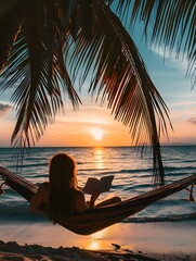 Poster - Woman relaxing on a hammock by the sea, wearing a sun hat and enjoying the serene beach atmosphere. -