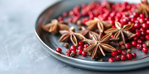 Sticker - Star Anise and Pink Peppercorns on Plate Against a White Background. Concept Food Photography, Spices, Culinary Art, Ingredients, Still Life