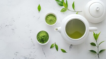 Wall Mural - Green matcha powder and tea in a teapot for preparing a drink on a wooden background