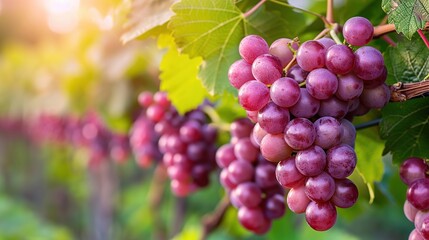 Wall Mural - Purple Red Grapes With Green Leaves On The Vine In The Garden Fresh Fruits Background