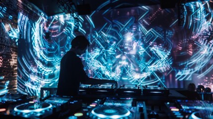 Poster - A DJ performs at a nightclub, manipulating the sound mixing equipment in front of a vibrant, abstract projection on the wall.