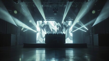 Aufkleber - A stage with a DJ setup and a geometric patterned backdrop. The lights are on and the stage is ready for a performance.