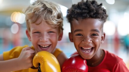 Two children, one in a yellow and one in red boxing gloves, grin enthusiastically at the camera, capturing the joy and excitement of engaging in a fun and playful activity.