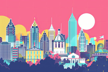 Wall Mural - Risograph riso print travel poster, card, wallpaper or banner illustration, modern, isolated, clear, simple of Atlanta, Georgia, USA. Artistic, screen printing, stencil