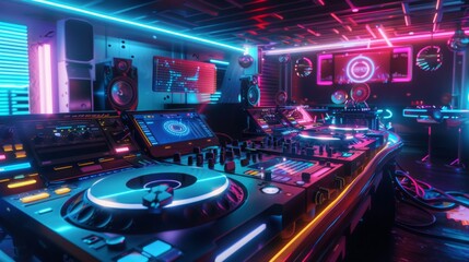 Poster - A close-up view of a professional DJ setup in a studio illuminated with neon lights. The mixer console is in the foreground, with various audio equipment and speakers visible in the background.