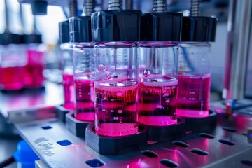 Poster - A row of transparent test tubes filled with bright pink liquid, possibly used for scientific experiments or medical research, D bioprinting for organ transplantation