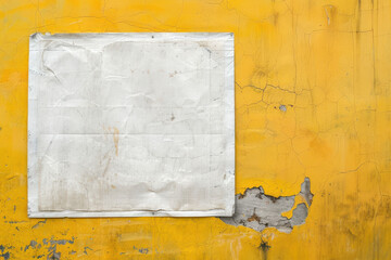 Wall Mural - close up horizontal image of a worn blank poster hanging on a yellow painted distressed concrete wall, mockup space