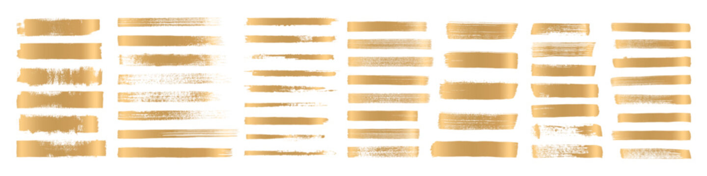 Straight gold vector line bundle. Golden hand drawn brush stroke text boxes. Chinese, Korean, Japanese calligraphy brushstroke set. Rough grunge luxury paint. Luxurious celebration rectangle textboxes