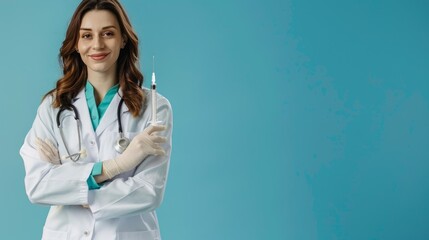 Poster - A female doctor with long brown hair smiles confidently while holding a syringe against a bright teal background. She is wearing a white lab coat and a stethoscope