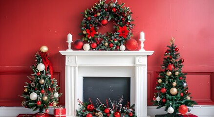 Poster - Christmas Fireplace Decor with Wreath, Garland, and Trees