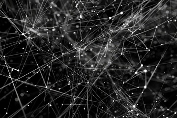 Poster - Black and white network of dots connected by lines forming a complex web pattern, Data streams intersecting in a web of lines and dots