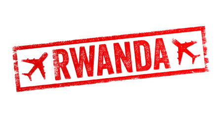 Poster - Rwanda - is a landlocked country in the Great Rift Valley of Central Africa, text emblem stamp with airplane