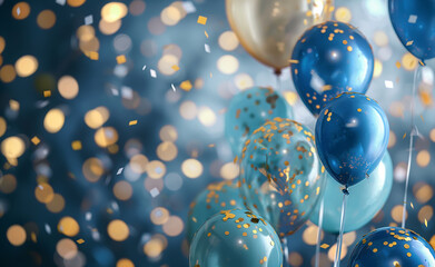 Wall Mural - Blue and gold balloons with sparkling confetti creating a festive atmosphere.