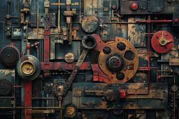 Poster - A weathered wall adorned with numerous gears of varying sizes and shapes, showcasing the inner workings of mechanical systems, Deconstructing the anatomy of mechanical systems into abstract shapes
