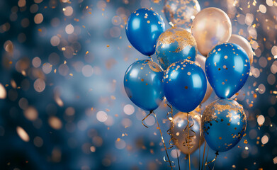 Wall Mural - Blue and gold balloons with sparkling confetti creating a festive atmosphere.