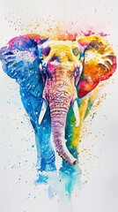 Wall Mural - elephant watercolor portrait, multicolored paints on a white background 